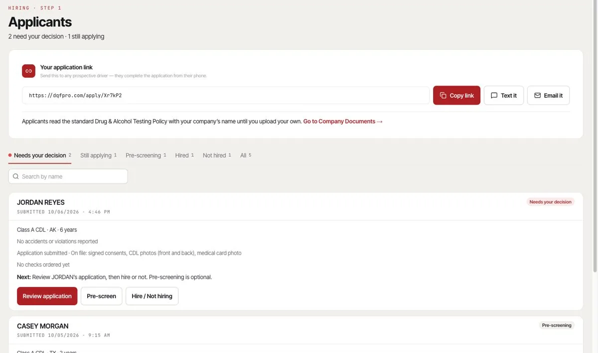 The Applicants page of the member portal: application link, and applicants who need a decision (sample data)